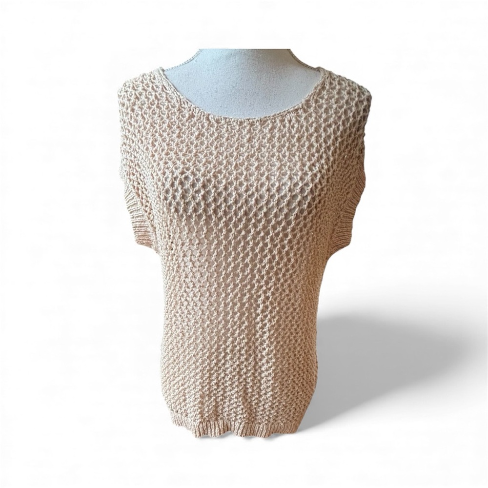 Halogen Neutral Beige Knit Short Sleeve Top Layering Size Small Coastal Grandma‎